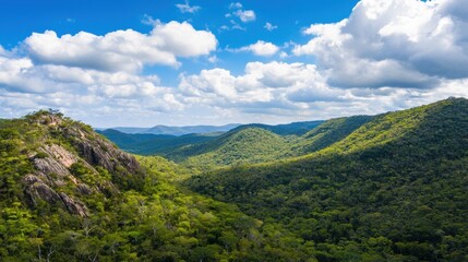 Naklejka premium Lush Green Valleys and Hills Covered in Trees Under a Cloudy Sky Scenic Landscape