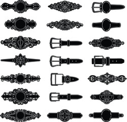 Diverse Belt Buckle Vector Set: Stylish Leather Buckles for Fashion, Reversible Belts, Apparel, Vintage and Modern Accessory Designs.