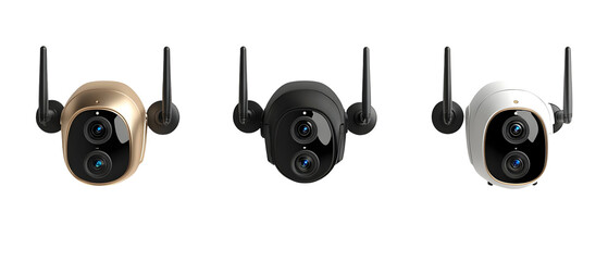 A trio of wireless security cameras in gold, black, and white, designed for home surveillance and monitoring.