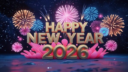 Glamorous 3d happy new year 2026 celebration with fireworks and a festive design