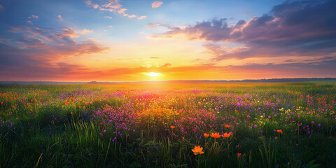 Sunset Over the Wildflower Horizon, ai generated.
