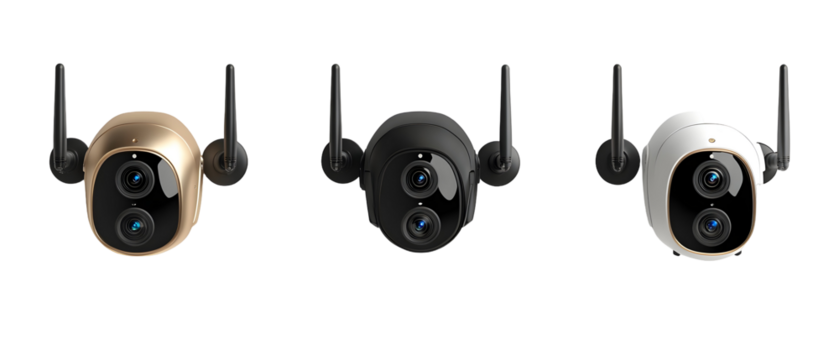 A trio of wireless security cameras in gold, black, and white, designed for home surveillance and monitoring.