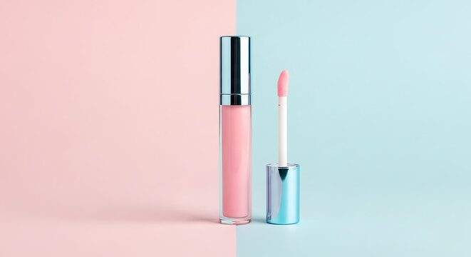 Stylish pink lip gloss product displayed against a pastel pink and blue backdrop - Powered by Adobe