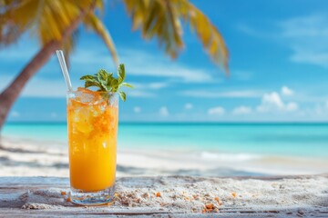 Tropical Beach Cocktail: Sunlit Paradise Drink with Mint Garnish