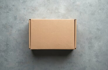 Top view of blank brown cardboard box on gray textured background. Package, shipping, delivery, container, storage, warehouse. Product presentation with copy space. Mockup for online orders, retail