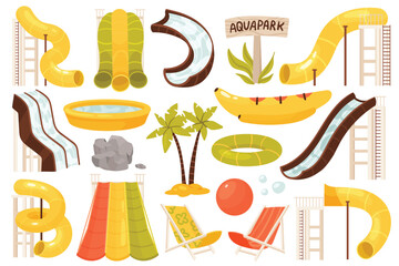 Waterpark equipment set, slide tube with flowing water attraction vector illustration. Cartoon swimming pool, inflatable ring and yellow banana mattress plastic for summer park isolated on white
