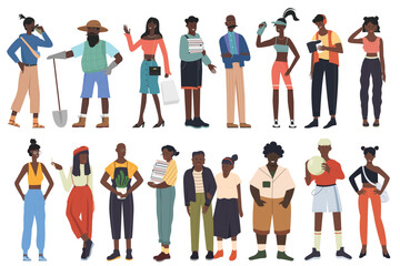 Fototapeta premium Black community, african people team of different professions set vector illustration. Cartoon young and old man woman characters in casual clothes standing together collection isolated on white