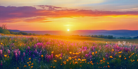 Sunset Over the Wildflower Horizon, ai generated.