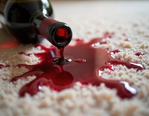 Spilled red wine on carpet. Wine bottle lies near stain at home. Accident causes a mess. Red liquid flows, creates puddle, soaks into fibers. Close-up captures domestic mishap.