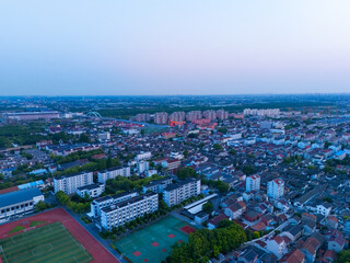 Aerial view of Shanghai Xinchang Ancient Town at sunset, One of the most famous ancient towns in Shanghai.
