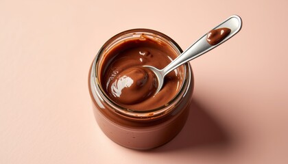 Open jar of chocolate spread with spoon on pastel background  