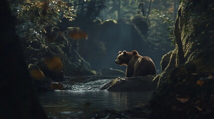 Majestic Grizzly Bear Observes the Flowing River in a Lush Forest Scene