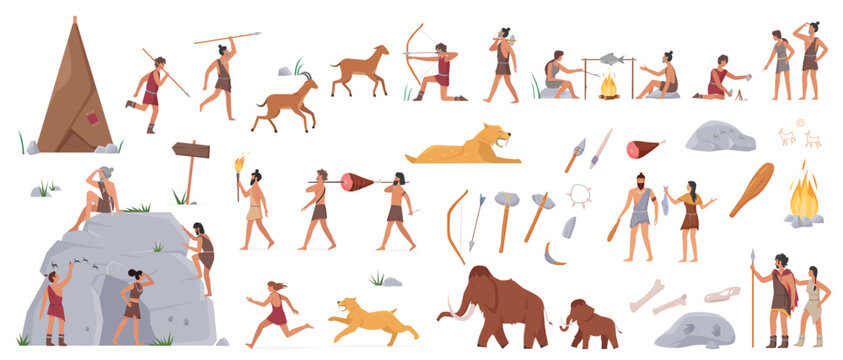 Prehistoric stone age cave people, tools and ancient wild animals vector illustration set. Cartoon caveman hunter characters of primal tribe hunt with weapon, cook food on fire isolated on white