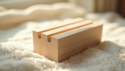 Close-up of a light wood phone holder with slots on white material.