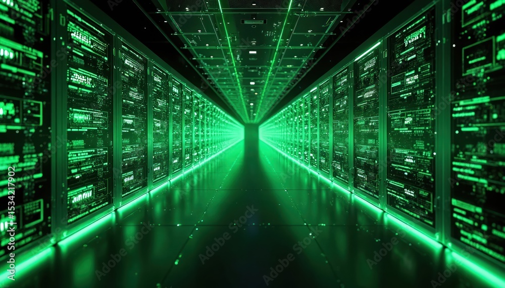 Poster futuristic digital illustration of data center, server room with green light, server racks. concept 