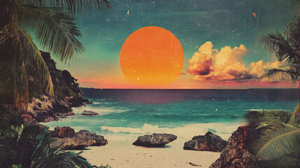 Retro tropical beach with collage art abstract background. Generative ai.
