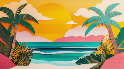 Obraz premium Retro tropical beach with collage art abstract background. Generative ai.
