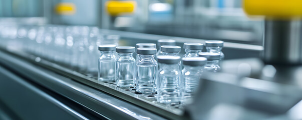 Fototapeta premium Glass vials move along an automated assembly line in a modern pharmaceutical manufacturing facility.