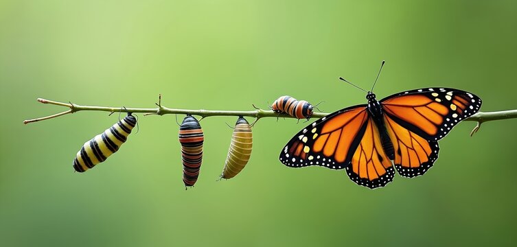 Metamorphosis of Monarch butterfly life cycle egg, pupa, chrysalis. Adult butterfly emerges. Transformation stages on plant stem against green background. Wildlife eco concept, nature illustration,