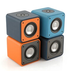 Fototapeta premium Stack of Colorful Cube Speakers: Orange, Blue, and Gray Portable Bluetooth Speakers for Music Listening and Audio Entertainment