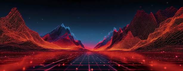 Digital cyber technology background with connected dots on 3d glowing mountain landscape. AI artificial intelligence, big data, data science, digital world, virtual reality, cyberspace, metaverse.