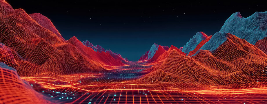 Digital cyber technology background with connected dots on 3d mountain landscape. Concept of AI artificial intelligence, big data, data science, digital world, virtual reality, cyberspace, metaverse.