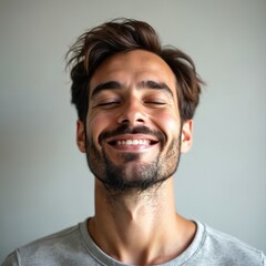 Obraz premium Happy man closes eyes, smiles. He expresses peace and relaxation in simple shirt, shows contentment. Smiling man portrait in front of plain neutral background.