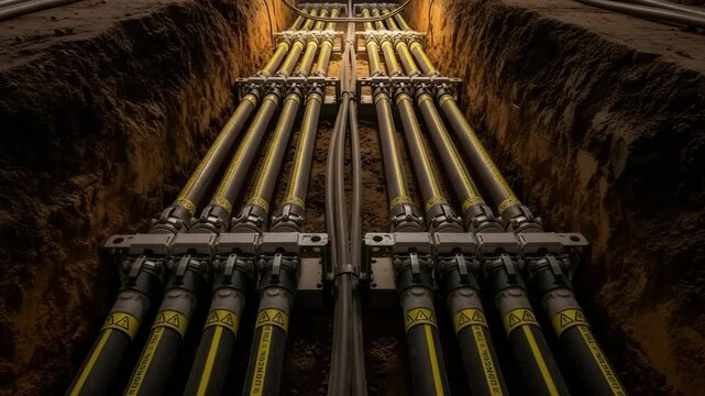 Rows of underground electric power cables installed in a trench. Urban electricity infrastructure for modern city development footage.