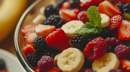 Colorful Summer Fruit Salad with Strawberries, Raspberries, Blackberries, and Bananas