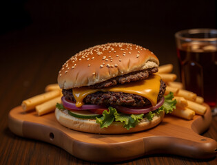 Classic Burger with Golden French Fries on Wooden Board and Soft Drink in Background