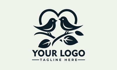 Elegant black silhouette illustration of two small birds facing each other on a leafy branch forming a heart shape. Love and nature concept