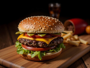 Delicious Burger and French Fries on Wooden Board