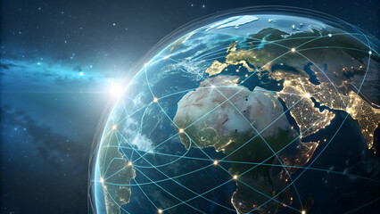 Global Network Visualization Over Planet Earth at Dusk Horizon