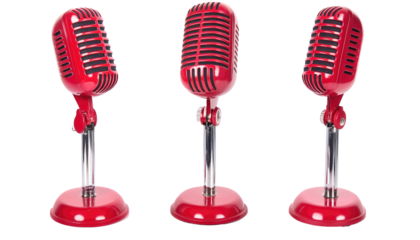 Three red vintage microphones with silver stands are shown in a row from different angles against a black background.