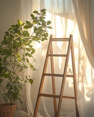 Minimalist Interior with Wooden Ladder and Green Plant in Woven Basket by Sunlit Sheer Curtain