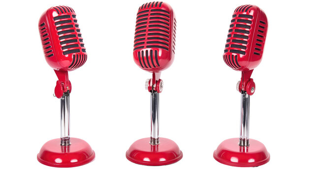 Three red vintage microphones with silver stands are shown in a row from different angles against a black background.