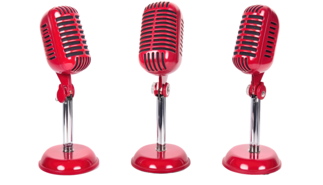 Three red vintage microphones with silver stands are shown in a row from different angles against a black background.