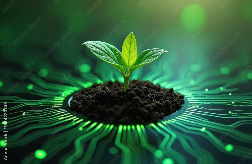 Poster green tech sprout in soil on circuit board. digital green light, computer hardware, represents eco-f