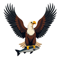 Majestic Bald Eagle Catching a Fish Illustration with Open Wings and Detailed Feather Design