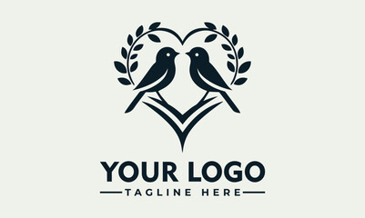 Elegant black silhouette illustration of two small birds facing each other on a leafy branch forming a heart shape. Love and nature concept