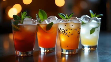 Angled shot captures colorful beverages with crystal ice, floating ingredients, and moody bar-style background lights.