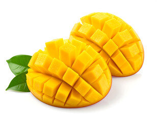 Two sliced mangoes with green leaves showing ripe cubes of exotic fruit
