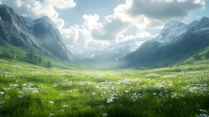 Obraz premium A serene valley with lush green meadows, blooming white flowers, and towering snow-capped mountains under a partly cloudy sky.