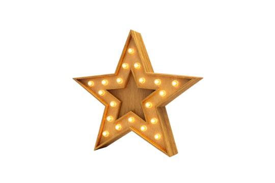 Wooden star-shaped marquee light fixture with warm LED bulbs arranged decoratively, isolated on a transparent background