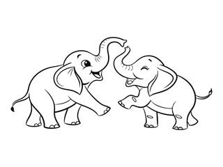 Playful Baby Elephants Vector Outline, Cute baby Elephants Line Art Animal Drawing, Funny Happy Cartoon Elephants Interacting for coloring page.