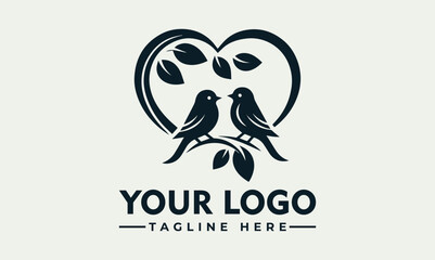 Elegant black silhouette illustration of two small birds facing each other on a leafy branch forming a heart shape. Love and nature concept