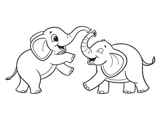Playful Baby Elephants Vector Outline, Cute baby Elephants Line Art Animal Drawing, Funny Happy Cartoon Elephants Interacting for coloring page.