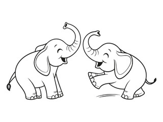 Playful Baby Elephants Vector Outline, Cute baby Elephants Line Art Animal Drawing, Funny Happy Cartoon Elephants Interacting for coloring page.