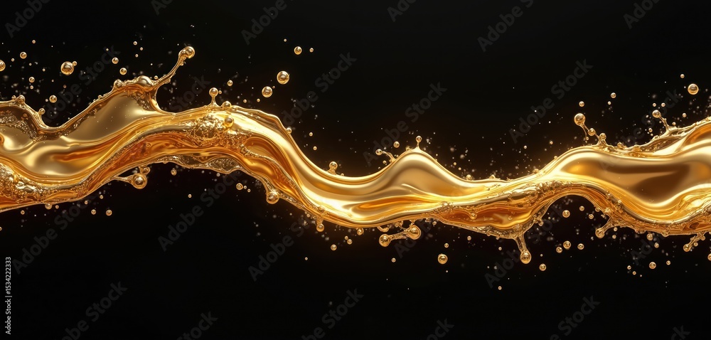 Poster gold liquid splash on dark background. shiny metallic fluid wave motion, dynamic design. abstract il