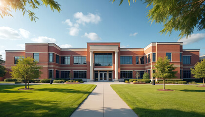 American school building exterior. Classic red brick facade, green lawn. Clear sky background. Pathway leads to the entrance. Back to school, education concept. Modern, safe learning environment.